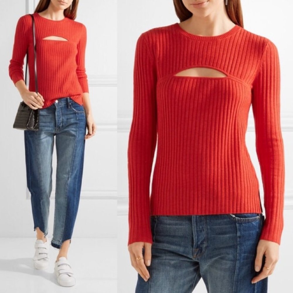 Frame Overlap Ribbed Sweater Wool-Tomato Color